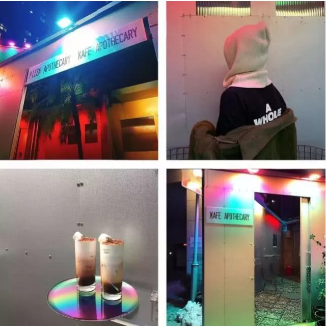 
                        「Kafe Apothecary」
從英文單詞來看Apothecary是藥店的意思，從名字上已經覺得很新奇了。外墻有五顏六色的鐳射燈光，拍照不用加濾鏡也特別好看。
進去感覺有點像實驗室的藥劑房，你可以在不影響別人用餐的情況下，多拍一些照片，簡直每個角落都是完美的背景。除了拍照，這里還可以吃一些簡餐，白天喝咖啡晚上又可以喝點小酒。
地址｜????? ?? ??? 89
營業時間 ｜周一-六 11:30 - 23:00 /
周日 11:30 - 22:00