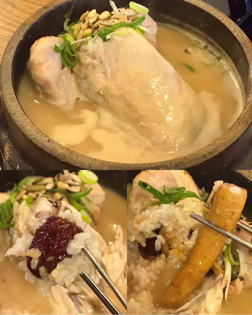 
                        說起韓國具有代表性的大補食品，當然非參雞湯莫屬，尤其是在這寒冷的冬季，一碗暖暖的雞湯下肚，絕對是味蕾和身體的奇妙享受。
每一鍋參雞湯都用足一整只跑山小公雞，雞肉里填滿糯米，除了大補的東北野山參，還加入了紅棗和板栗等溫補食材調配。跟家里人一起吃一碗熱乎乎的參雞湯吧
