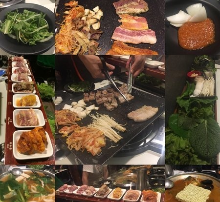 
                        八色烤肉在首爾有很多家分店，生意都好到不行，我們去的是首爾站附近的那家。點的兩人套餐37000韓元。8種不同味道的五花肉，分別是人參、紅酒、松葉、大蒜、花草、咖喱、大醬、辣椒醬。最好的吃法是，將烤好的肉和泡菜一起用生菜包起來，喜歡重口味的推薦用紫蘇葉包，味道像薄荷