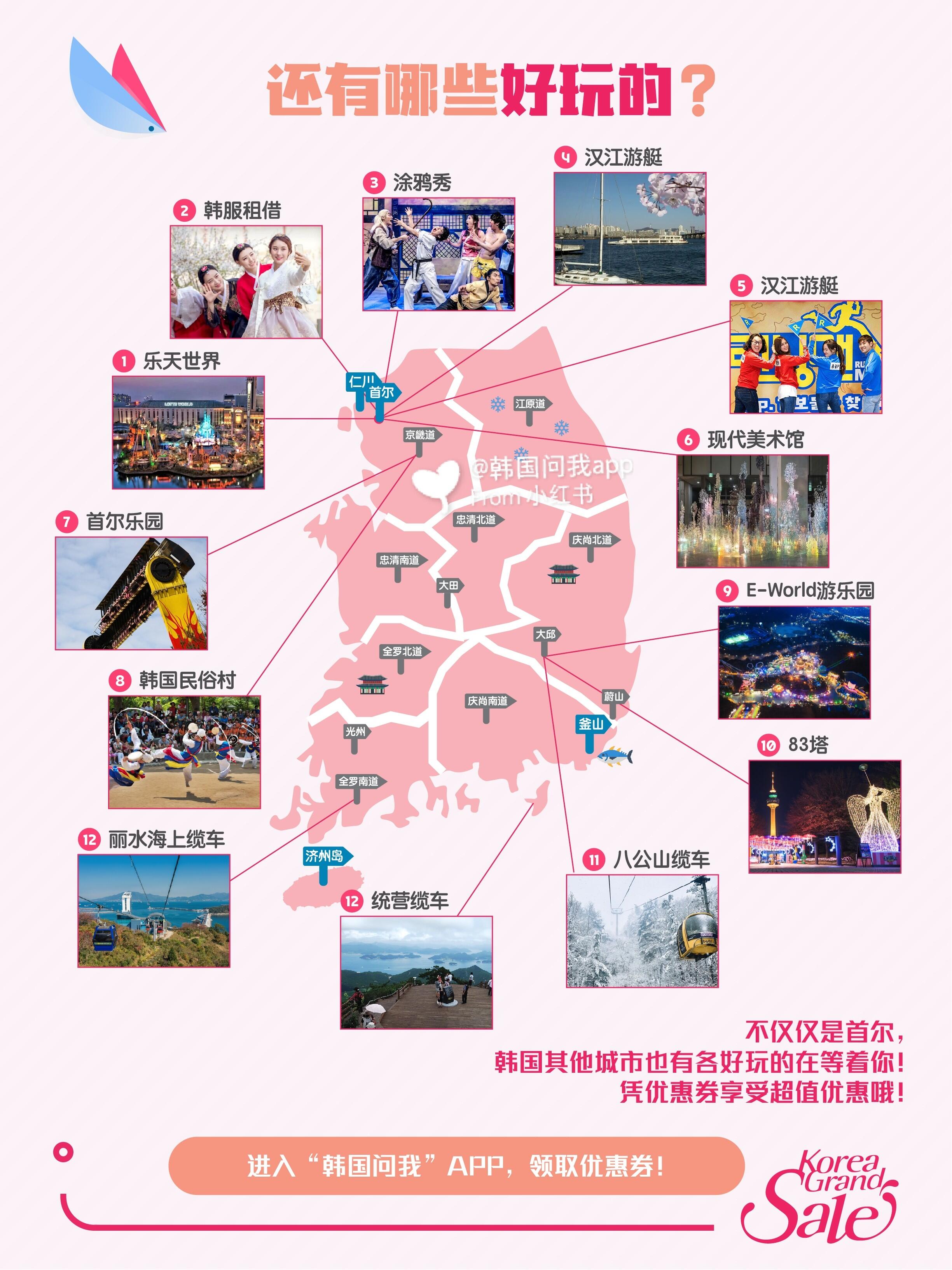 
                        2020韓國自由行，省錢秘籍大公開！準備在2020年探索韓國的朋友們，這里有一些你必須知道的最新消息！????你一定要提前領取的優(yōu)惠券！無論是預訂酒店、在免稅店購物還是享用美食，都能派上用場！！！.或許很多人并不知道，韓國也有自己的“黑色星期五”！??這就是“韓國購物季”（KOREA GRAND SALE），專為外國游客打造的旅游盛典。??而在2020年，從1月16日到2月29日，就是“2020韓國購物季”的活動期間！.在“2020韓國購物季”期間，韓國全國的酒店、購物場所、景點、體驗活動以及美食餐廳等，都會推出一系列超值的優(yōu)惠活動！比如：??在明洞L7酒店預訂一晚住宿，就能獲得樂天免稅店1萬韓幣的代金券！??首爾知名的韓屋住宿：北村半山韓屋民宿，低至八折！??Jayjun面膜全場5折！??在雪花秀SPA，憑優(yōu)惠券，就能享受九折優(yōu)惠！??在Olive Young：憑優(yōu)惠券，就能在現(xiàn)場免費領取贈品！??愛寶樂園門票，打七折！??樂天世界主題樂園，打八折!??韓服租借，低至八折！??在新韓銀行換錢，匯率優(yōu)惠高達60%！……. ??那么，優(yōu)惠券在哪里領取呢？??只需下載“韓國問我”APP，就能申請領取優(yōu)惠券！.??如何知道預定韓國酒店時的優(yōu)惠代碼呢？??同樣是下載“韓國問我”APP，就能申請獲得優(yōu)惠代碼！.“2020韓國購物季”，值得你多加關注，因為它真的能幫你省下不少錢，讓你能享受更多美食！??