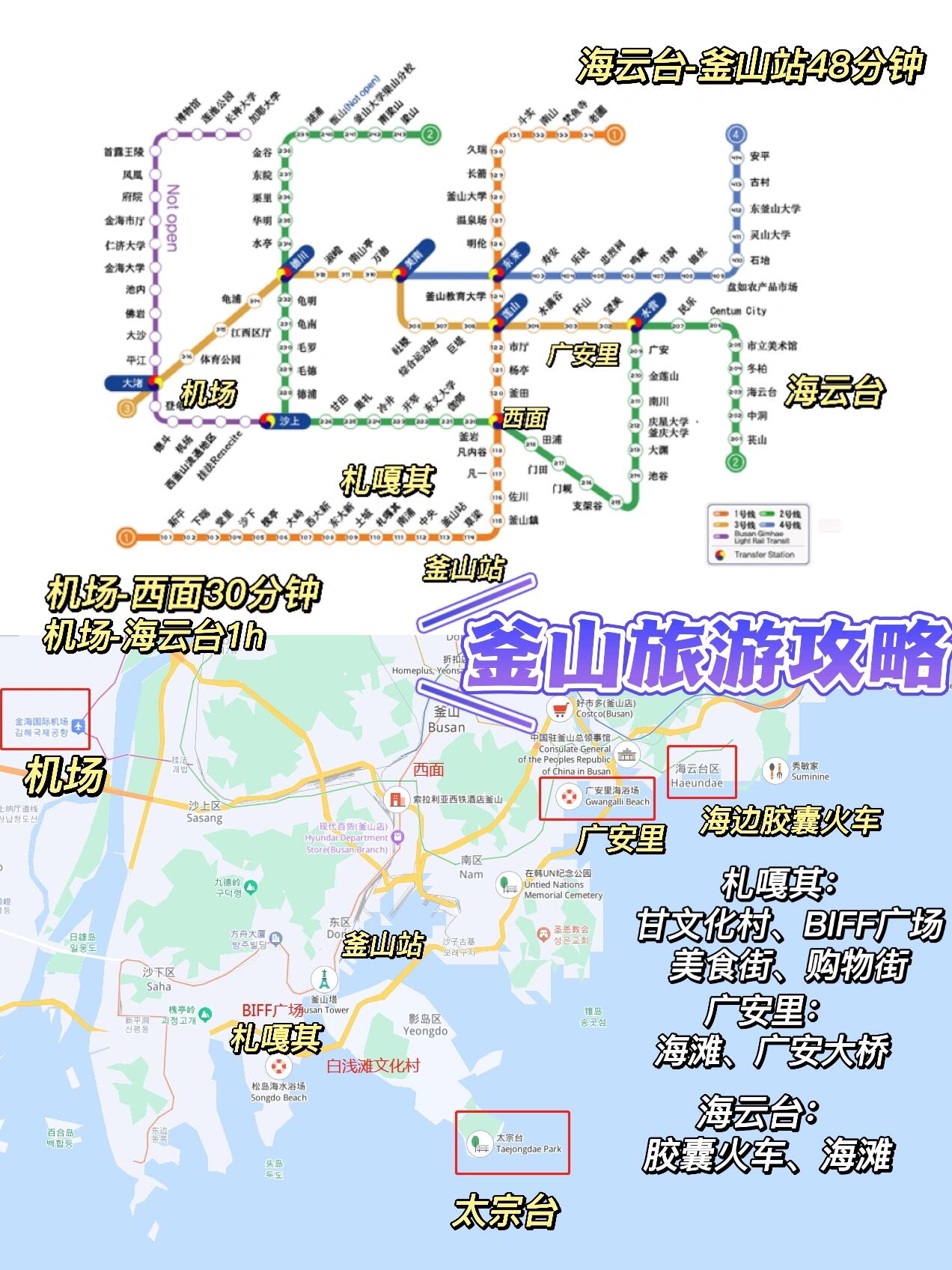 
                        ?????首爾前往釜山的詳細(xì)指南????首爾到釜山有三種交通方式供你選擇：飛機(jī)??、KTX高速列車(chē)??和長(zhǎng)途巴士（不推薦，因?yàn)槁贸虝r(shí)間較長(zhǎng)，大約需要4-5小時(shí)）。1??、飛機(jī)：飛行時(shí)間約1小時(shí)。你可以使用常用的機(jī)票預(yù)訂軟件購(gòu)買(mǎi)機(jī)票（參見(jiàn)圖2）。前往機(jī)場(chǎng)的方式有兩種：乘坐機(jī)場(chǎng)大巴或者乘坐機(jī)場(chǎng)地鐵快線（參見(jiàn)圖3）。??請(qǐng)注意，首爾有兩個(gè)機(jī)場(chǎng)：仁川機(jī)場(chǎng)主要服務(wù)國(guó)際航班，而金浦機(jī)場(chǎng)主要服務(wù)國(guó)內(nèi)航班。從首爾飛往釜山，你需要在金浦機(jī)場(chǎng)登機(jī)。2??、KTX高速列車(chē)：旅程時(shí)間約2.5小時(shí)。你可以關(guān)注微信公眾號(hào)“korail火車(chē)票”購(gòu)買(mǎi)車(chē)票（詳細(xì)信息參見(jiàn)圖7）。??請(qǐng)注意，乘坐KTX時(shí)，進(jìn)出站無(wú)需驗(yàn)票。你還可以購(gòu)買(mǎi)2-4天的彈性票，雖然價(jià)格較高，但是非常方便。??小貼士：如果你的行程不緊張，可以選擇乘飛機(jī)前往釜山。只需提前一個(gè)小時(shí)辦理登機(jī)手續(xù)即可。首爾金浦機(jī)場(chǎng)和釜山金海機(jī)場(chǎng)都相對(duì)較小，而且飛機(jī)票價(jià)格比KTX便宜很多。首爾飛釜山的機(jī)票價(jià)格大約在150-200元左右，而KTX的價(jià)格在300元以上。釜山機(jī)場(chǎng)有地鐵線路，乘坐地鐵到市區(qū)西部只需30分鐘。??住宿建議：盡量選擇可以寄存行李、并且有中文服務(wù)的酒店或民宿。他們可以幫助你叫出租車(chē)和外賣(mài)。雖然地鐵站點(diǎn)有寄存行李柜（參見(jiàn)圖14），但是使用起來(lái)可能會(huì)比較麻煩。我曾經(jīng)嘗試過(guò)多次，但是都失敗了，因?yàn)樾枰螺dapp并填寫(xiě)各種信息。我最后選擇放棄了。很多人選擇住在海云臺(tái)，那里有繁華的商業(yè)區(qū)、沙灘和海邊。但是我這次選擇住在廣安里，因?yàn)樗挥诟鱾€(gè)景點(diǎn)的中心位置。不過(guò)，下次我會(huì)選擇住在海云臺(tái)。??景點(diǎn)推薦：釜山最值得一去的地方有海云臺(tái)膠囊火車(chē)、太宗臺(tái)、白淺灘文化村和甘文化村。如果你想看海，一定要去太宗臺(tái)！它和白淺灘文化村緊挨著，你可以一次性游覽兩個(gè)地方。這兩個(gè)地方都沒(méi)有地鐵直達(dá)，你需要乘坐出租車(chē)??或者公交車(chē)前往。甘文化村也沒(méi)有地鐵直達(dá)，你可以在最近的札嘎其地鐵站乘坐公交車(chē)前往，大約需要4-5站。回來(lái)的時(shí)候，你可以順便逛逛札嘎其，那里有商業(yè)街和BIFF廣場(chǎng)，有很多小吃店。海云臺(tái)膠囊火車(chē)可以直接乘坐地鐵前往，但是你需要提前在官網(wǎng)購(gòu)買(mǎi)車(chē)票。這是一次非常值得的海邊火車(chē)之旅，如果天氣好的話，景色非常美！而且那里的街道也非常適合拍照。我這次去釜山的時(shí)候人不多，所以體驗(yàn)感非常好！而且當(dāng)?shù)厝硕挤浅Ｓ押煤蜆?lè)于助人。好啦～就說(shuō)這么多，祝你們玩得開(kāi)心哈～#韓國(guó) #韓國(guó)旅游 #釜山 #首爾旅行 #釜山旅行 #韓國(guó)旅行攻略 #旅游 #記錄我的五一 #筆記靈感 #出國(guó) #小眾景點(diǎn) #一起去看海