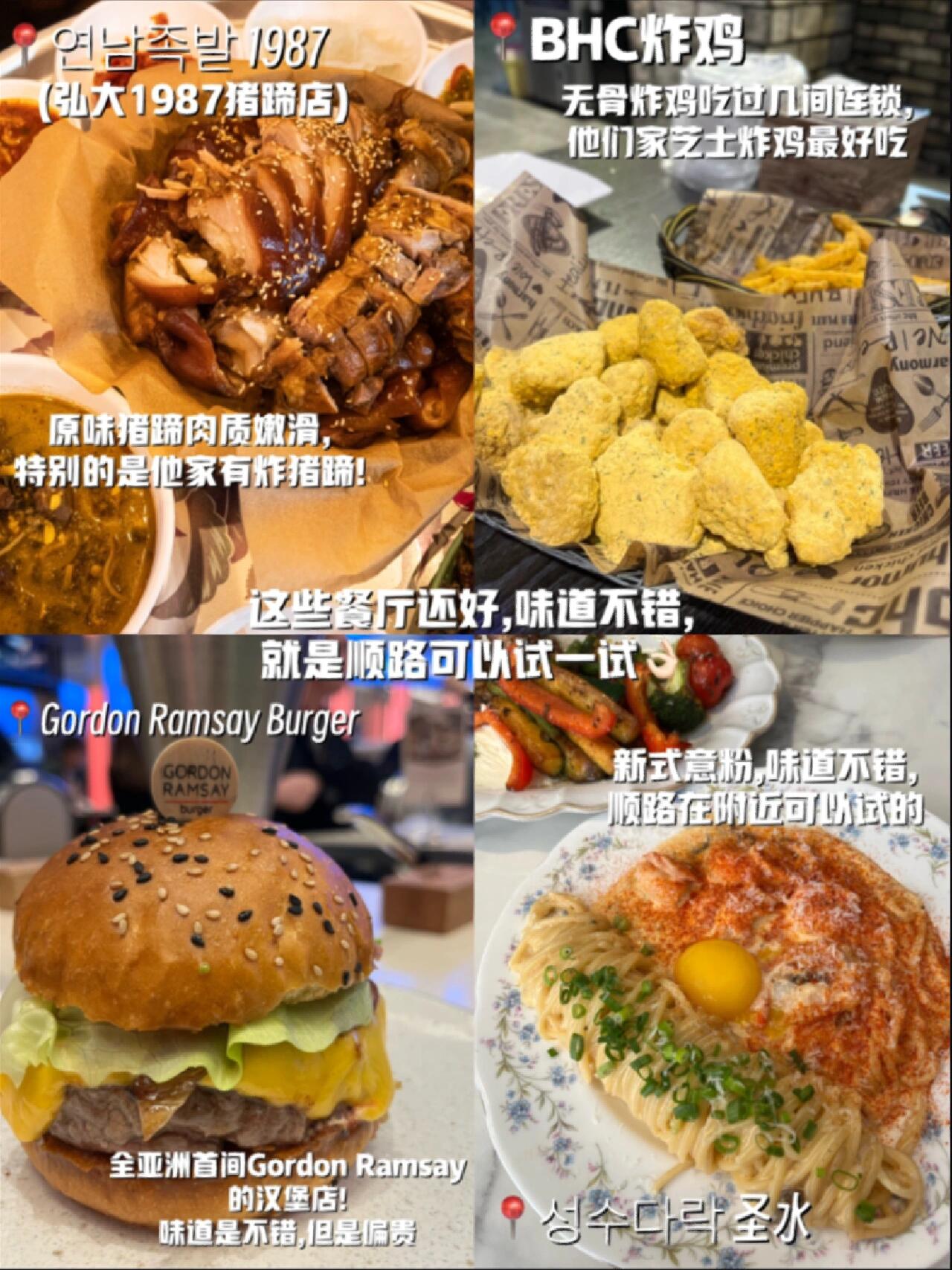 
                        首爾美食探店 | 36餐后的美食推薦??????韓國美食真是太對我的胃口啦！這里分享一些我在首爾吃過的超級美味的餐廳，希望你們也能喜歡！??1?? Ginger Bear Pie Shop這家面包蛋糕批店超受歡迎，很多韓國本地人都會排隊哦！??2?? 211 Table傳統韓國料理店，他們的泡菜餅味道超級棒！??3?? 池花子這里可以嘗到少見的韓國傳統宮廷料理，非常有特色！??4?? 廣藏市場首爾最大的傳統市場，可以找到各種韓國美食！???5?? ????? ?? (給豚的男人)專門烤濟州島的豬肉，味道超級贊！??6?? 好族飯這家店總是排長隊，提供新派韓式菜肴，調味排骨必須嘗試！??7?? ???? 1987 (弘大炸豬蹄)以豬手為主打，味道鮮美多汁！??8?? BHC炸雞韓國非常著名的連鎖炸雞店，一定要試試！??9?? Gordon Ramsay Burger全亞洲首家由名廚Gordon Ramsay開設的漢堡店，不容錯過！???? ???? (圣水)一家主打意大利面的小型咖啡店，環境超級棒！??#首爾 #韓國料理 #首爾探店 #首爾美食 #首爾旅行 #首爾旅游必吃 #吃貨在首爾