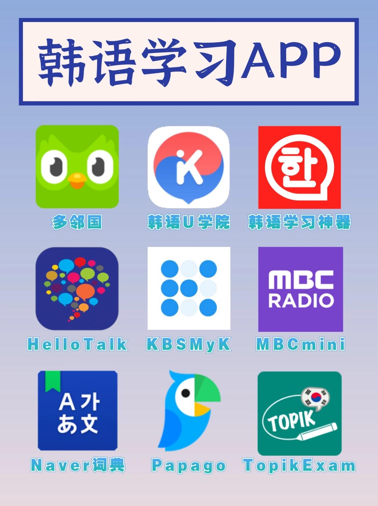 
                        干貨！自學韓語必備的[九R]個寶藏APP????????如果您即將有一場韓國行的話，適當的會一些韓語肯定會事半功倍；亦或者您正在韓國留學，相信這些APP可以幫助到您。點贊收藏趕緊get起來吧????多鄰國??對初學者非常友好，提供40門語言學習，所有課程免費。游戲化學習，將生活場景分成單元學習，旅行、點菜、聊天、面試等，玩兒著玩兒著就學會了。??韓語U學院??為韓語發燒友量身打造的韓語學習軟件。從韓語發音、音標、詞匯、對話等，由淺入深，地道首爾口音音頻教學，詳細的發音技巧，還能跟讀錄音，韓語小白也能快速掌握韓語學習要領。??韓語學習神器??收集了大量的韓語語法、教程、教材等大量韓語學習資料。整理了大量的雙語學習資料，常用韓語諺語、俗語、臺詞雙語閱讀。并且內置了韓語人工智能翻譯的功能。??Hello Talk???是一個可以跟外國人對話交流的社交實時聊天平臺，在里面可以和韓國人互幫互助，糾正發音，探討共同的興趣或者文化。非常適合有一定基礎想提升情景口語聽力的小伙伴們。??KBS My K??可以看韓國的電視臺節目，收聽一些廣播，可以了解最新的時事內容，提高聽讀能力。??MBC mini Radio???一款韓國的電臺軟件，有新聞、文學詩詞、音樂、演講、小說故事等欄目，適合想要練習聽力的小伙伴，可以不用強求逐字逐句全部聽懂，大概知道講什么內容就好，增加相關知識的積累。??Naver 詞典??非常實用，最好的韓語詞典沒有之一！收錄了來自韓國最大搜索網址的所有詞條資源，用戶只要在搜索欄中輸入相關的詞語就能得到準確的翻譯結果，并且還有多種語法等解析，還有語音跟讀等功能。??Papago??韓國最大的互聯網服務商NAVER開發的中韓翻譯app，提供多國語言。提供文字翻譯、語音翻譯、拍照翻譯、離線翻譯多種翻譯方式。在眾多翻譯器當中準確率比較高。??Topik Exam??相當于韓國推行的“雅思托福”，軟件涵蓋了海量韓語詞匯，從入門到難的各種韓語課程內容都有完整的包含在其中。??#韓國 #韓國行 #韓國自由行 #韓國旅行 #韓國旅游 #留學韓國 #韓國留學生 #韓語 #韓語語法 #每日韓語 #韓語教學 #韓語APP #學習 #學習達人 #生活 #留學 #語言 #外語 #外語學習 #韓語翻譯 #韓語輕松學 #輕松學韓語 #韓語topik #跟我學韓語