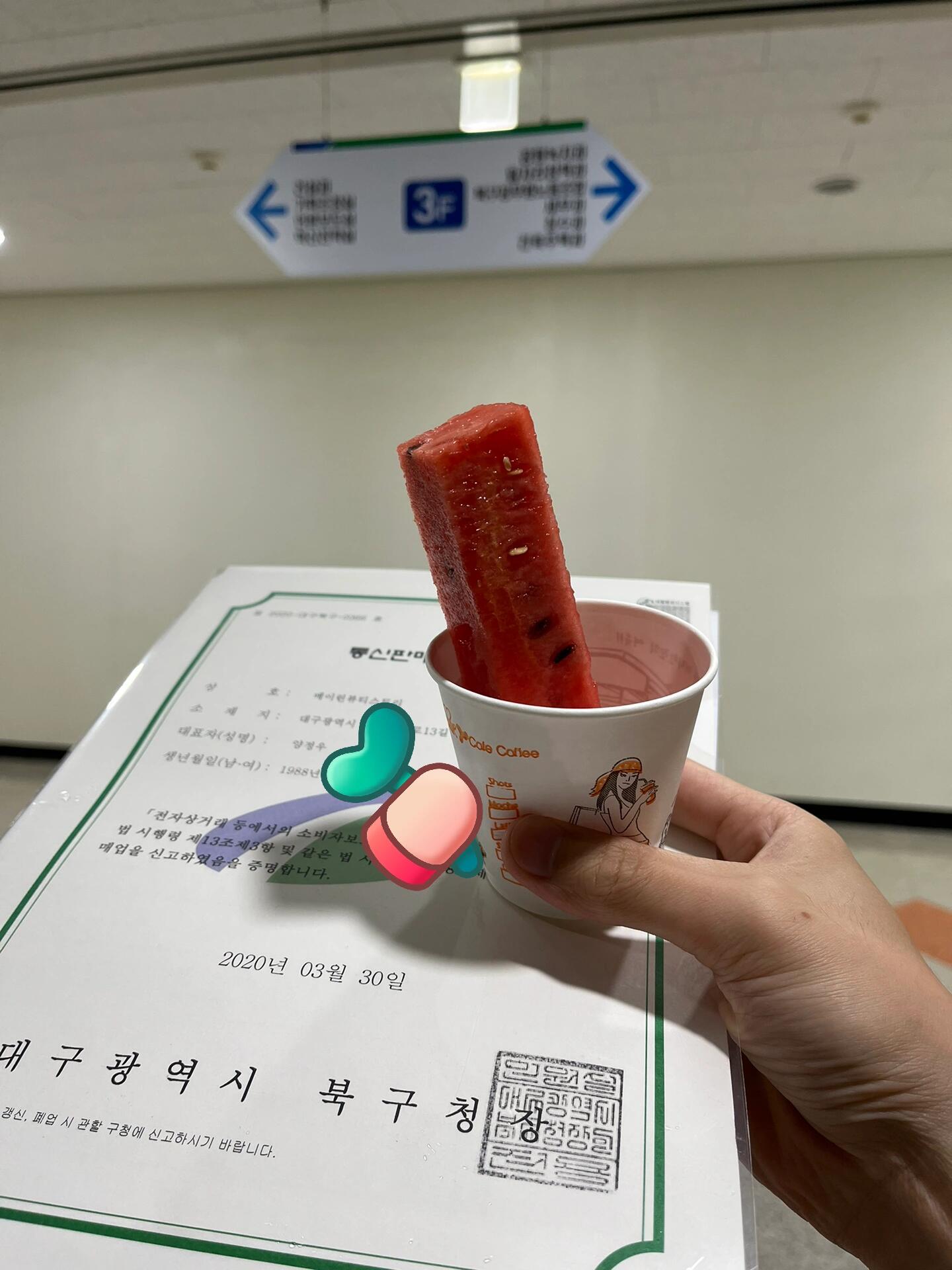 
                        公務員小哥送的西瓜??今天去北區廳更新通信販賣業申告證，小哥小姐姐們依然很熱情很用心。辦完之后，他們還貼心地送給我了一塊西瓜??，提醒我天氣熱了要多注意防暑。雖然今天下著大暴雨，但他們的關心讓我感到很溫暖。Anyway，真的很感謝他們，為北區廳點個贊??。#韓國生活 #韓國創業 #韓國大邱 #西瓜 #公務員